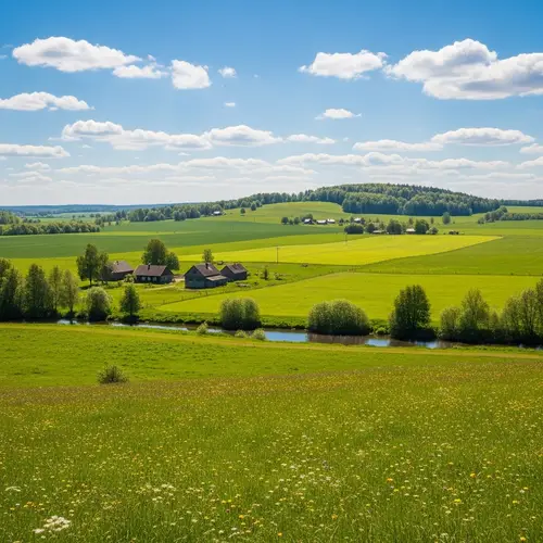 Tranquil Countryside Landscape: Green Fields & Cozy Farmhouses