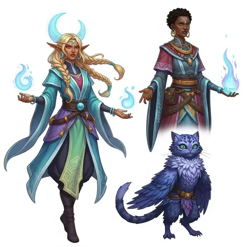 Unique Trio of Characters: Half-Elf Moon Druid, Magic-Wielding Women, Mystical Creature
