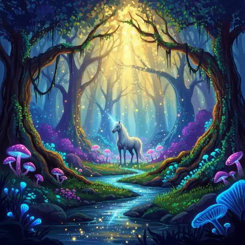 Mystical Forest with Unicorn and Glowing Mushrooms