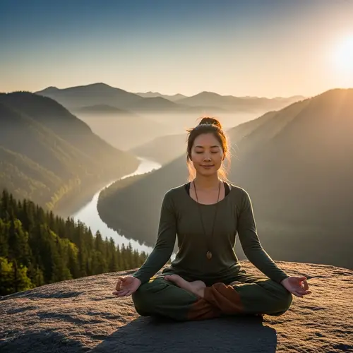 Asian Woman Performing Lotus Pose at Sunrise on Mountaintop