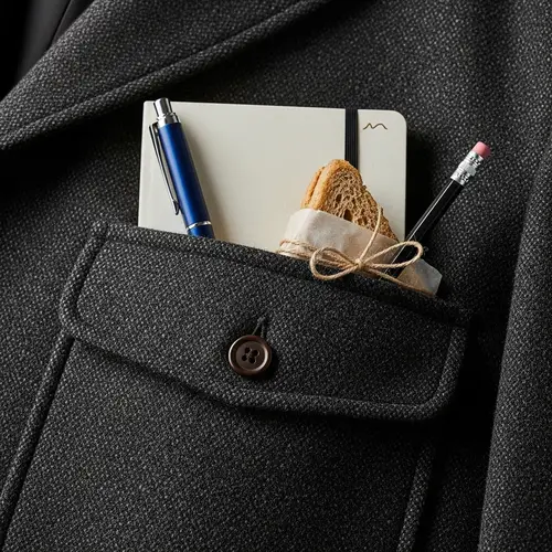 Realistic Jacket Design with Pocket Notebook, Pen, Pencil, and Sandwich