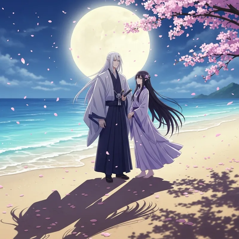 Inuyasha and Kikyo Beach Scene: Tranquil Moonlit Moment Inuyasha and Kikyo Beach Scene: Tranquil Moonlit Moment
