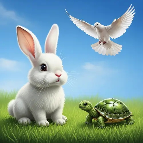 Cute Bunny, Turtle, and Dove in Serene Meadow