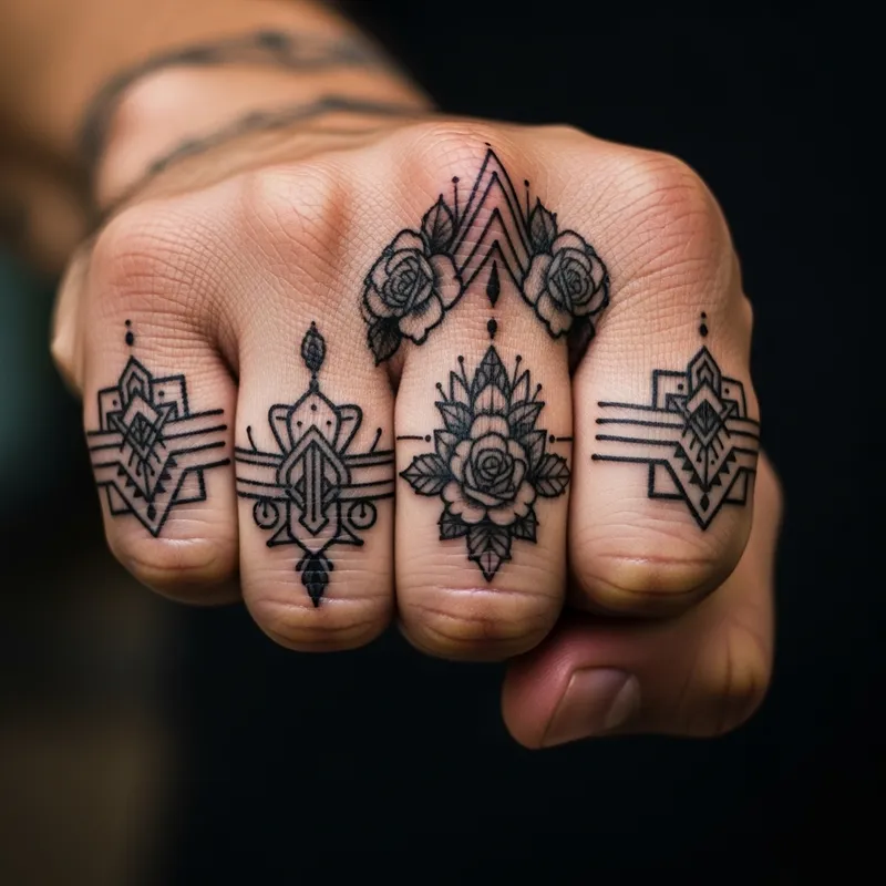 Intricate Black Knuckle Tattoos | Geometric & Floral Design