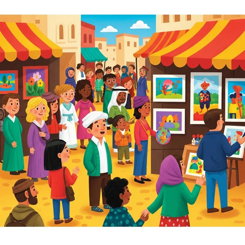 Children's Book Style Cartoon of People Enjoying Art Exhibition