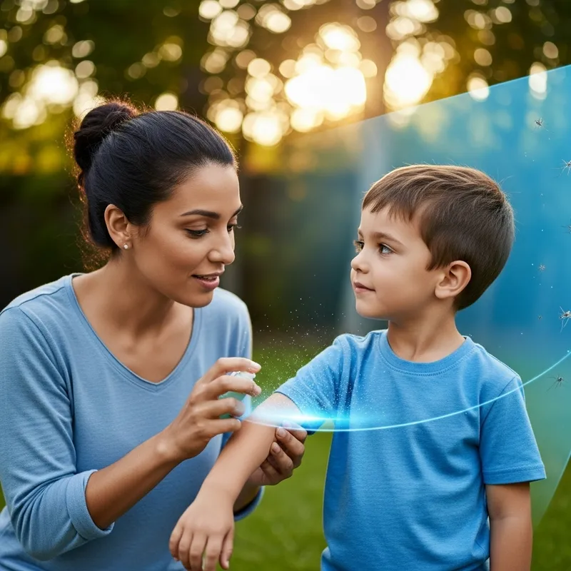 Protective Hispanic Mother Applying Mosquito Repellent to Child with Blue Shield