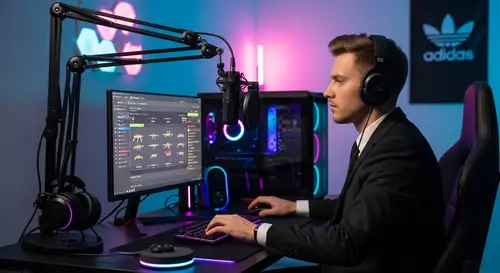 Gamer in Black Suit Streaming Content | RGB Backlit Room