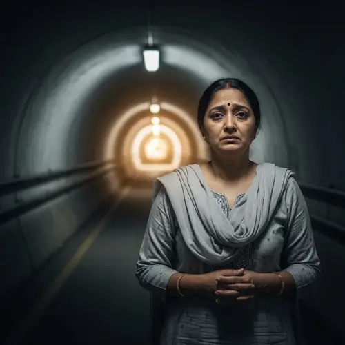 Sad South Asian Woman in Dimly Lit Tunnel Struggling with Depression