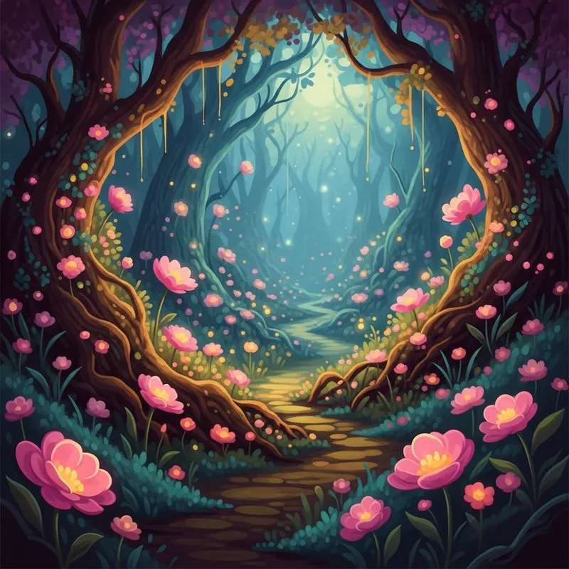 Enchanting Mystical Forest with Glowing Flowers Enchanting Mystical Forest with Glowing Flowers
