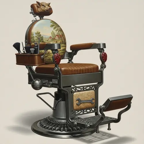 Unique Barber Chair with Circular Backrest and Wild Boar Head Pillow
