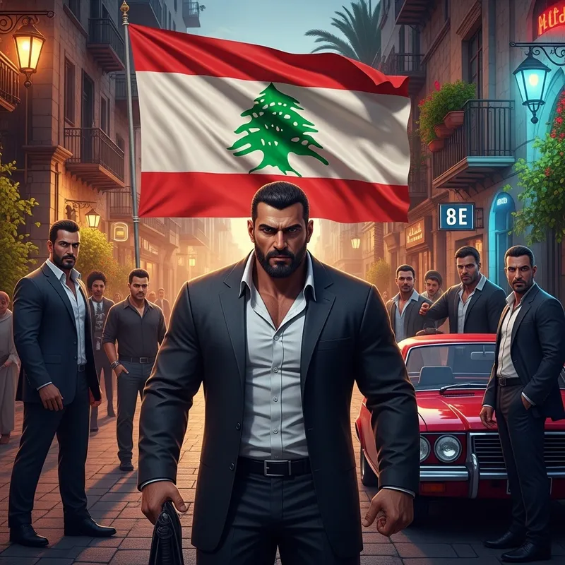 Realistic Portrayal of Lebanon Mafia Scene with Flag and Strong Aesthetic Elements