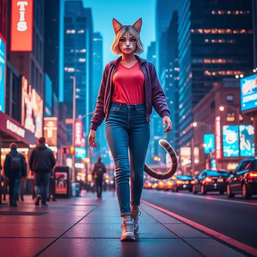 Feline-Human Hybrid in Urban Setting - Vibrant City Life