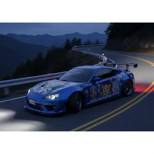 Midnight Drifting: 3D-Rendered Blue Sports Car on Japanese Mountain Road