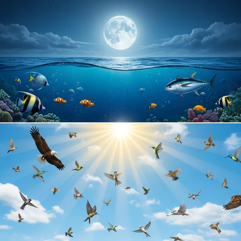 Colorful Dual Illustration: Moon, Fish & Sun, Birds Colorful Dual Illustration: Moon, Fish & Sun, Birds