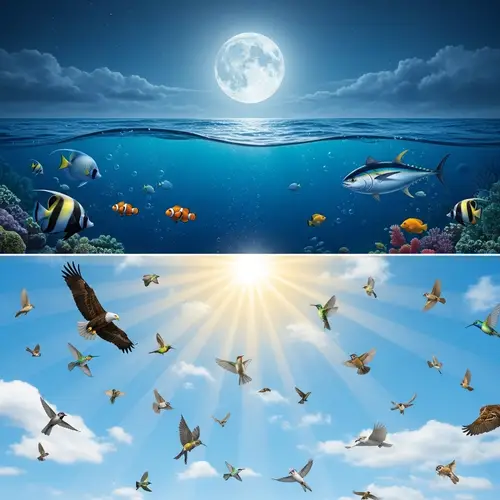 Colorful Dual Illustration: Moon, Fish & Sun, Birds