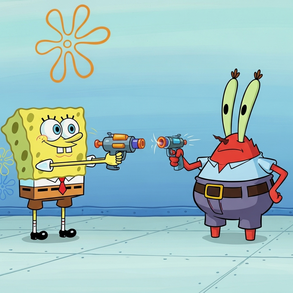 SpongeBob Holding Gun Shooting Mr. Krabs | AI Art Generator | Easy-Peasy.AI, image size:1024x1024
