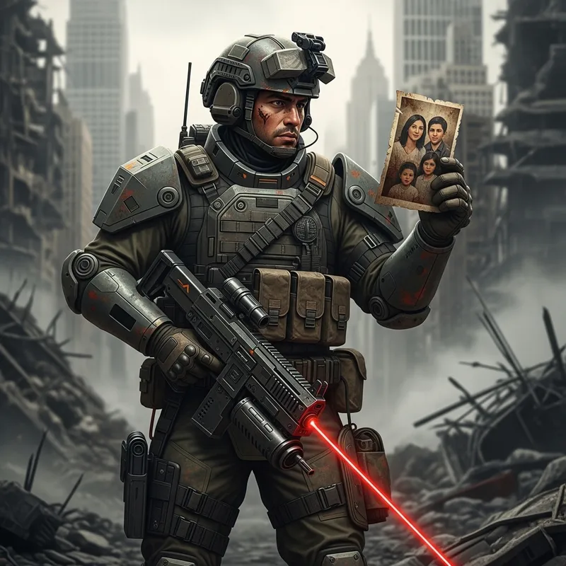 Hispanic Soldier in Sci-Fi City with Family Photo