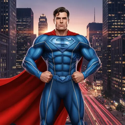 Confident Superhero in Blue Outfit and Red Cape