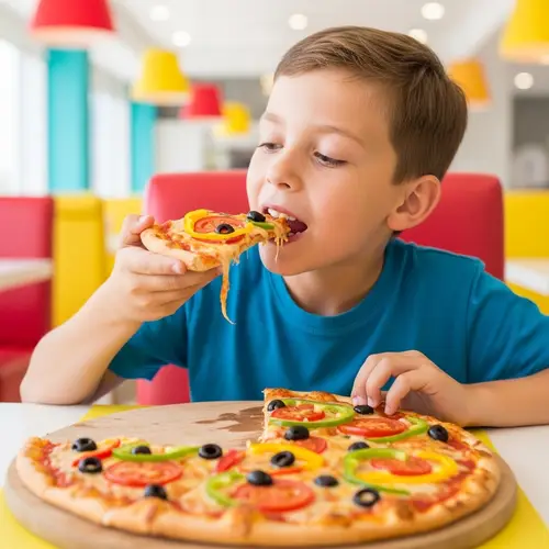 Savoring Delicious Pizza with Fresh Toppings | Boy's Joyful Moment