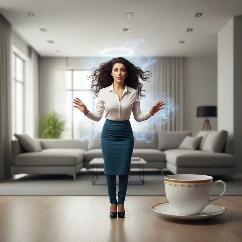 Incredible Shrinking Middle-Eastern Woman in Contemporary Living Room