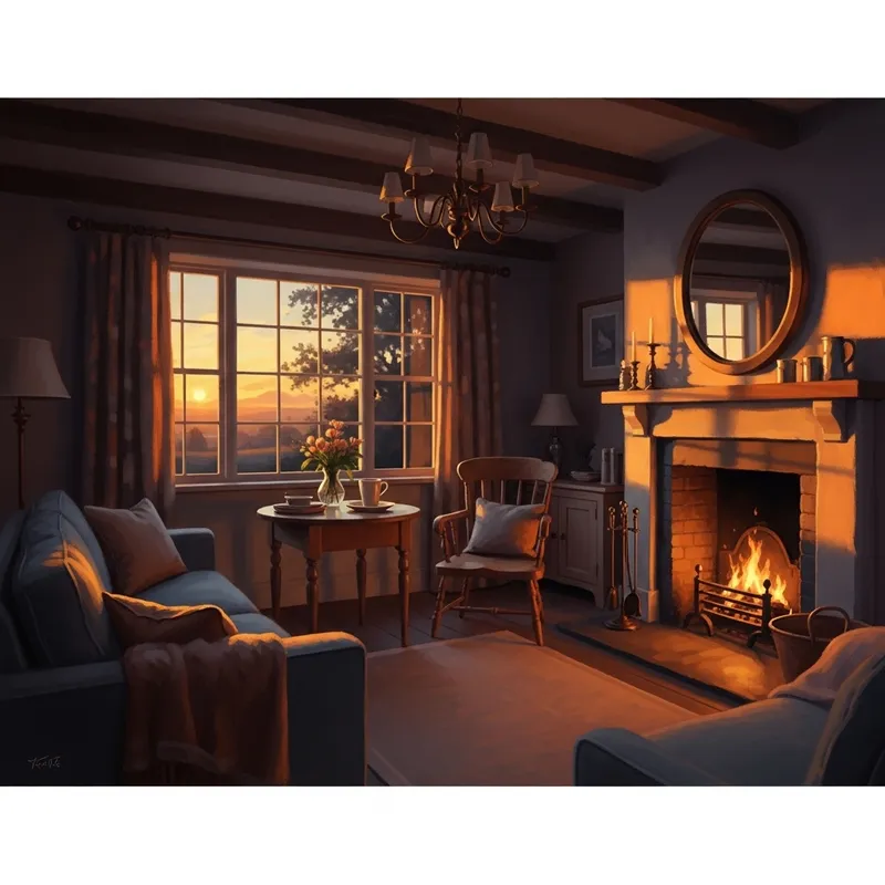Charming Cottage Room at Twilight | Cozy Haven & Rustic Ambiance