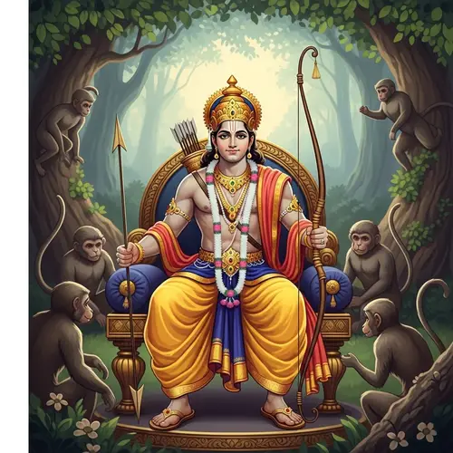 Epic Ramayana Illustration: Majestic South Asian Man in Enchanting Forest