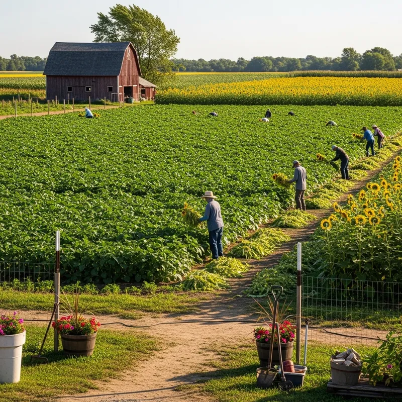 Marijuana Farm Harvest: Sunlit Fields with Workers