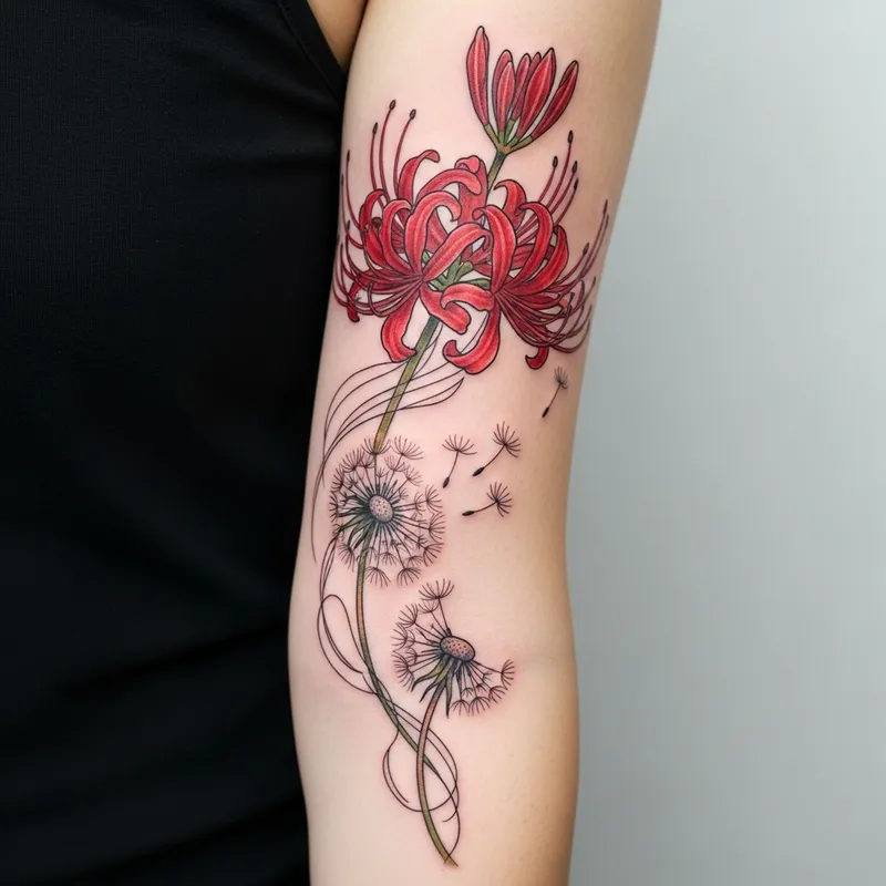 Vivid Higanbana and Dandelion Flower Tattoo on Right Arm