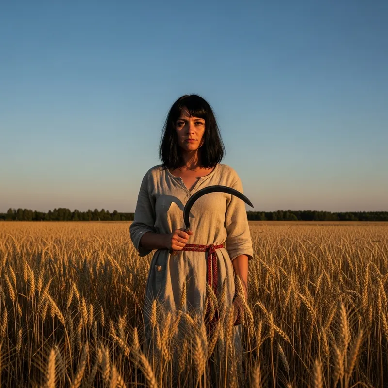 Enigmatic Black-Haired Witch in Wheat Field with Sickle