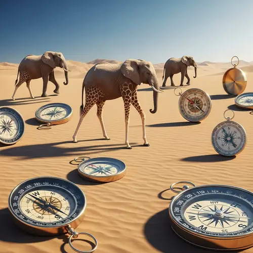 Surreal Elephant-Giraffe Hybrid in Desert Landscape with Shiny Compasses