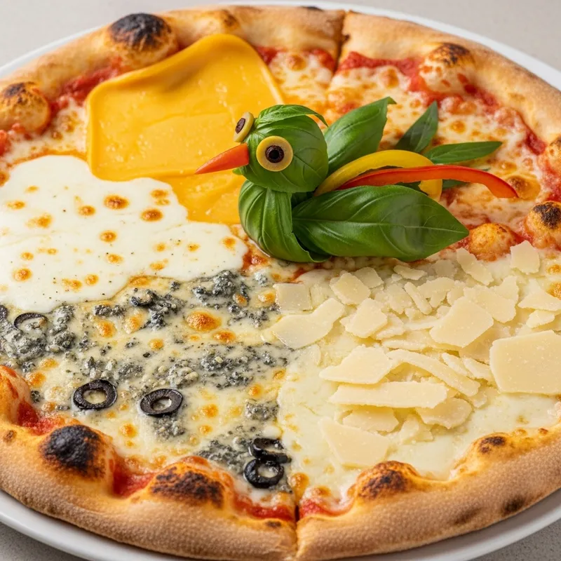 Mouthwatering Four-Cheese Pizza with Bird-Shaped Garnish Mouthwatering Four-Cheese Pizza with Bird-Shaped Garnish