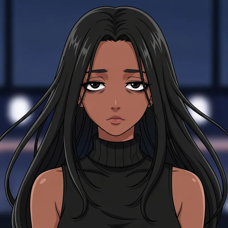 Stylish Anime Girl with Long Black Hair and Brown Skin Color
