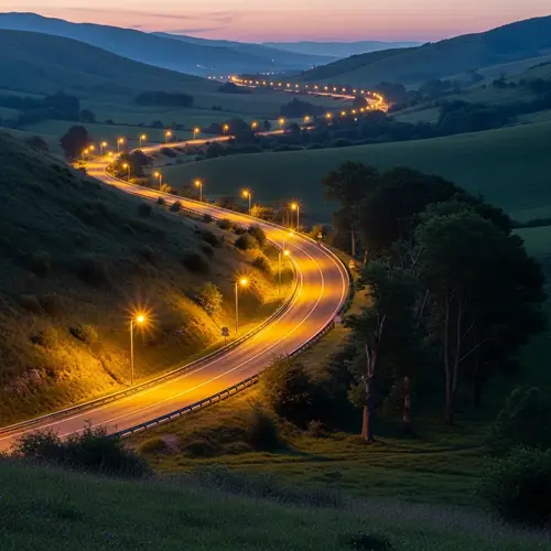 Serene Road with Lights: Nature Meets Tranquility