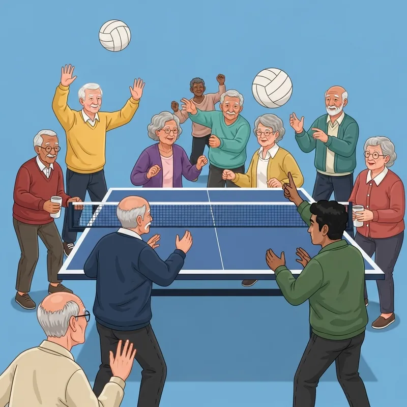 Senior Citizens Enjoying Volleyball and Table Tennis on Blue Background