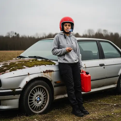Hispanic Female Driver Leaning Against Sports Car