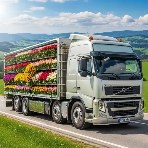 Colorful Flowers Loaded Euro Truck | Tranquil Countryside Scene