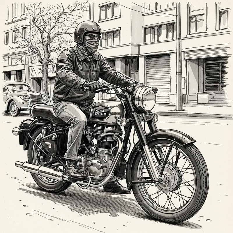 Dynamic Royal Enfield Biker Illustration - Urban Street Scene