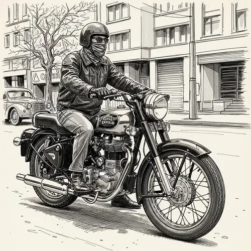 Vintage Hispanic Motorcyclist on Royal Enfield - Urban Street Scene