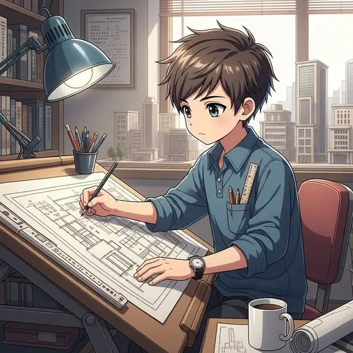 Young Anime Architect Drafting Blueprints | Creative Designs