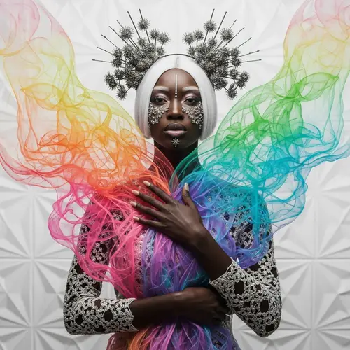 Professional Black Model with White Hair in Fantasy Spectrum