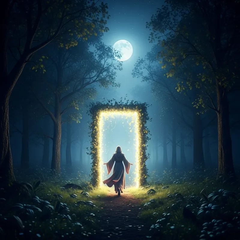 Ethereal Moonlit Forest Portal: Surreal Fantasy Scene Ethereal Moonlit Forest Portal: Surreal Fantasy Scene