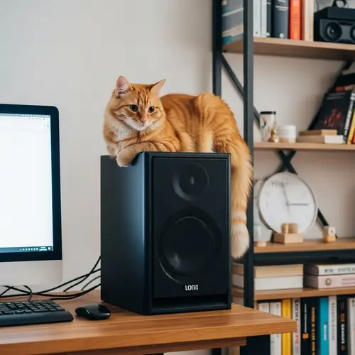 Fluffy Orange Tabby Cat on Sleek Computer Speaker