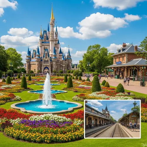 Majestic Castle Garden with Vibrant Flowers, Fountain, and Railway Station