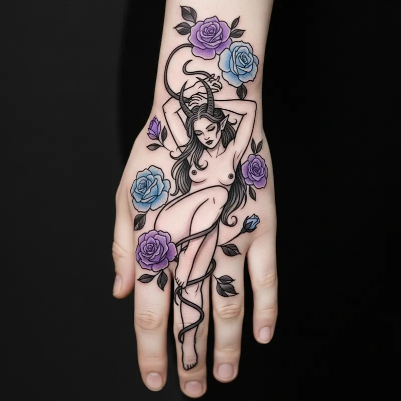 Elegant Female Demon Tattoo with Flowers