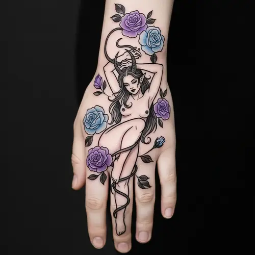 Elegant Female Demon Tattoo with Flowers