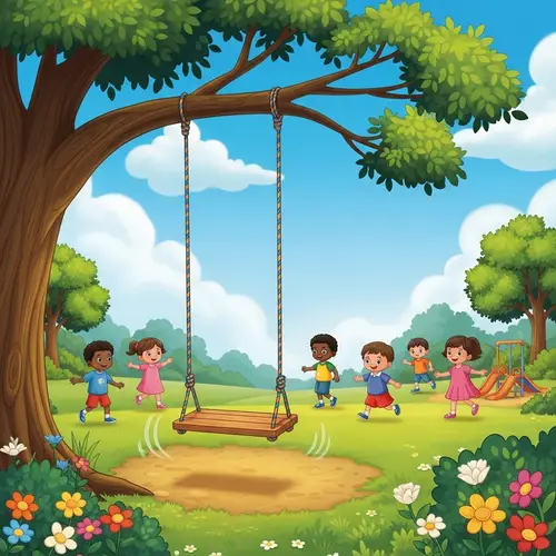 Cheerful Park Scene with Wooden Swing | Playful Children Illustration