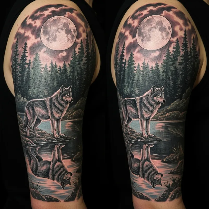 Majestic Wolf Tattoo in Moonlit Forest with Reflection