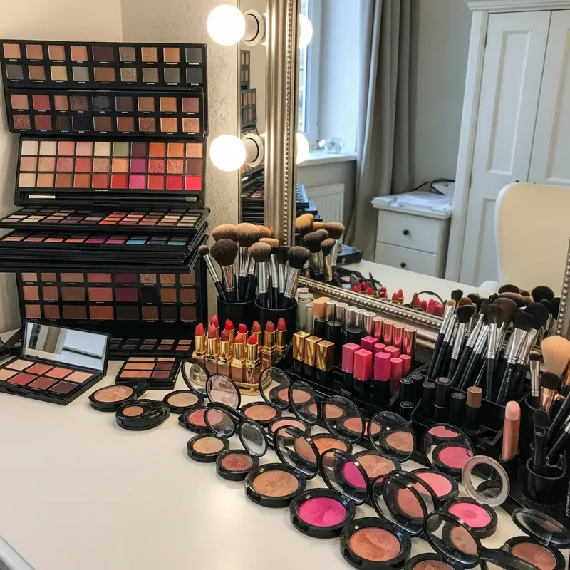 Gracefully Designed Makeup Vanity with Eyeshadow Palettes, Lipsticks & Brushes