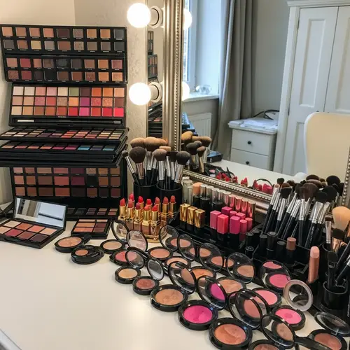 Luxurious Makeup Vanity with Eyeshadow Palettes, Lipsticks, and Brushes