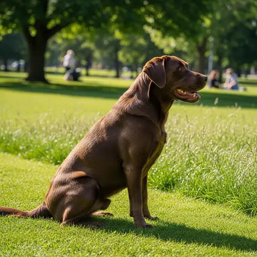Brown Labrador Retriever Sitting on Green Grass in Sunny Park
